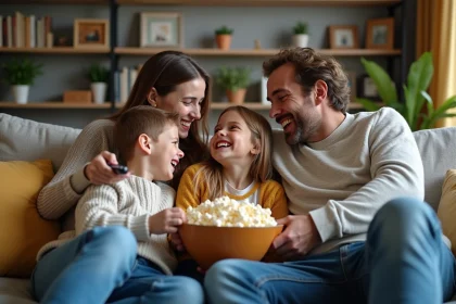 Famille de quatre souriant sur le canap&eacute; avec popcorn
