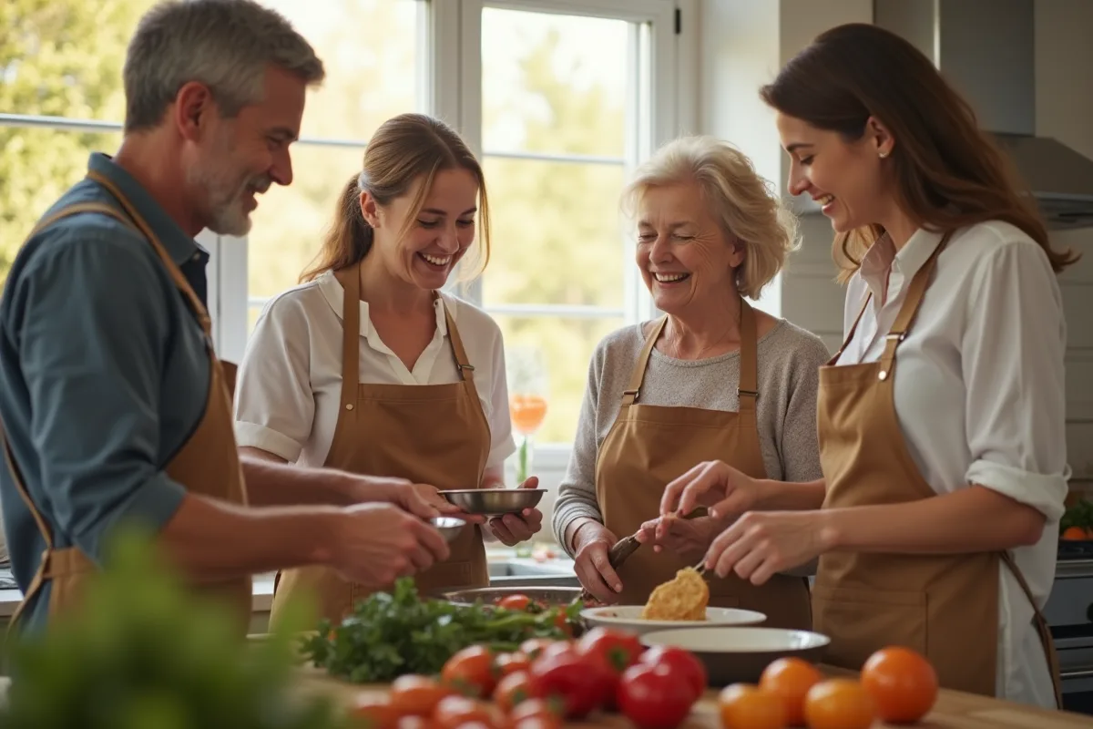 Famille multigenerational cuisine ensoleillée dans une cuisine moderne