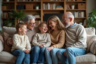 Famille multigenerations souriante sur un canapé cosy