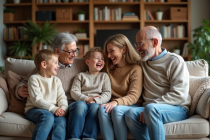 Famille multigenerations souriante sur un canap&eacute; cosy