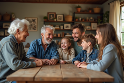 Famille multigeneration autour d'une table en bois chaleureux