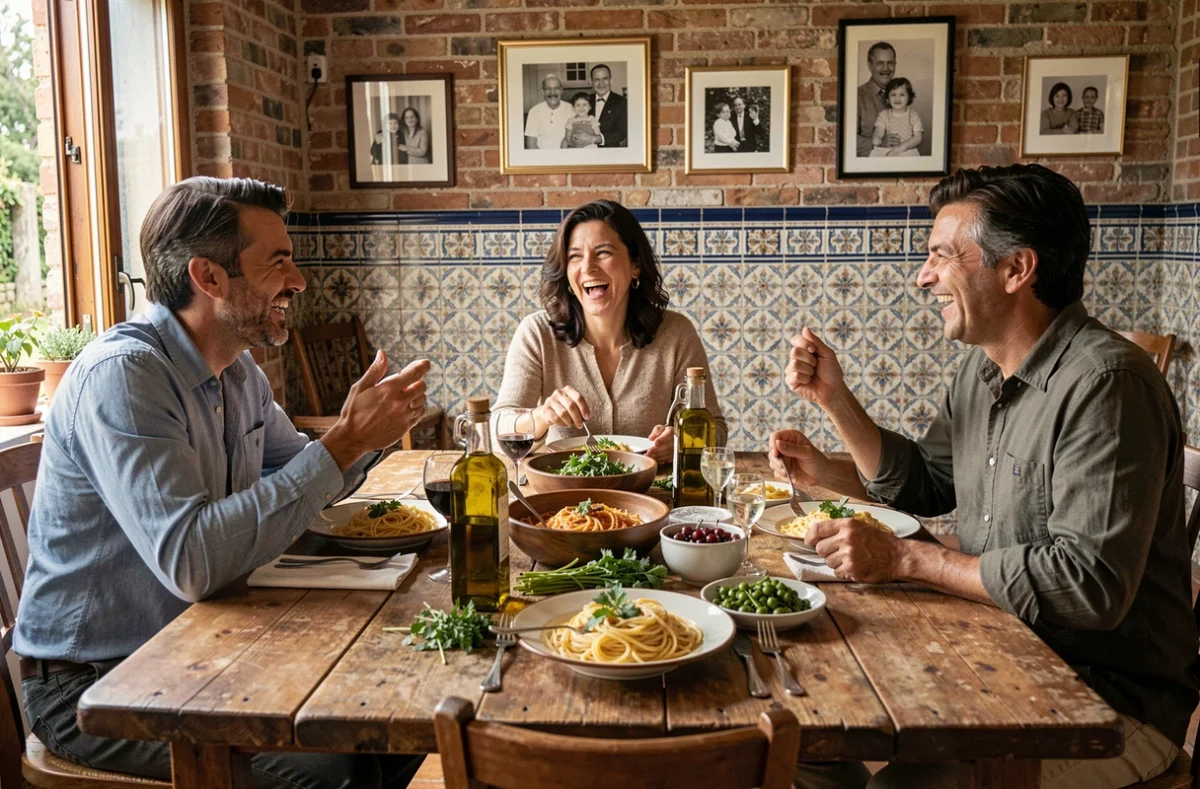 Famille d'origine italienne réunie autour d'un repas traditionnel dans une maison avec murs en briques apparentes, illustrant les racines familiales italiennes