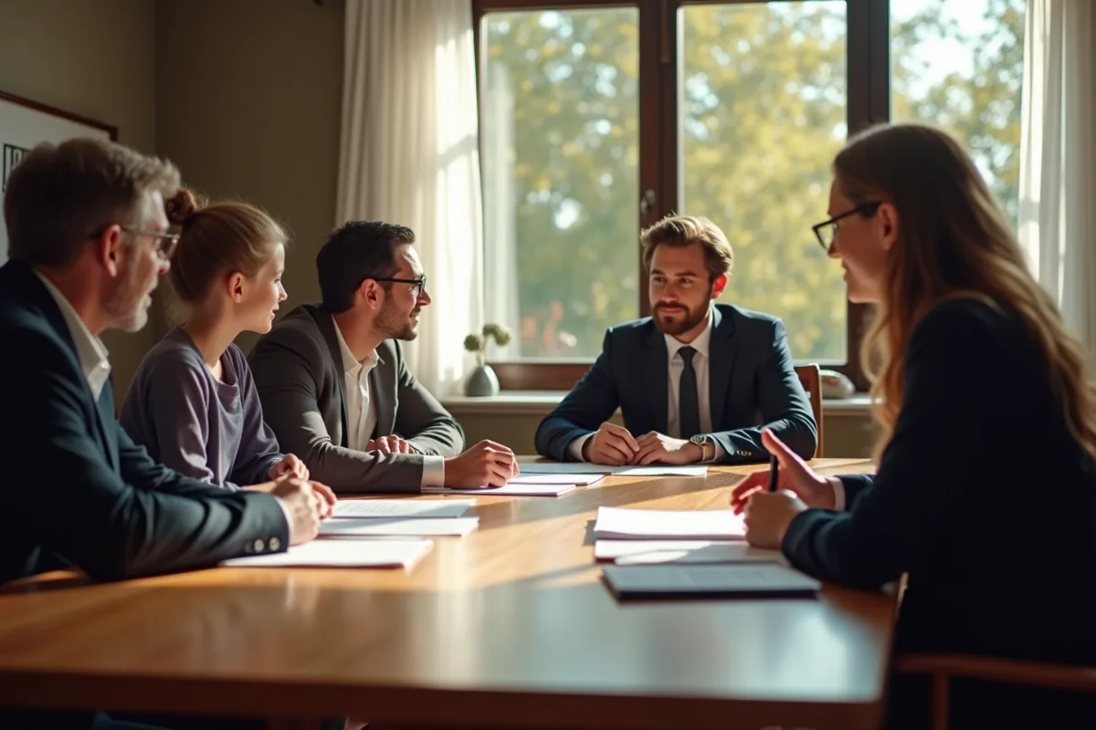 Famille autour d'une table avec un avocat et des documents juridiques