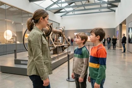 Famille avec enfants visitant un musée interactif à Paris le week-end