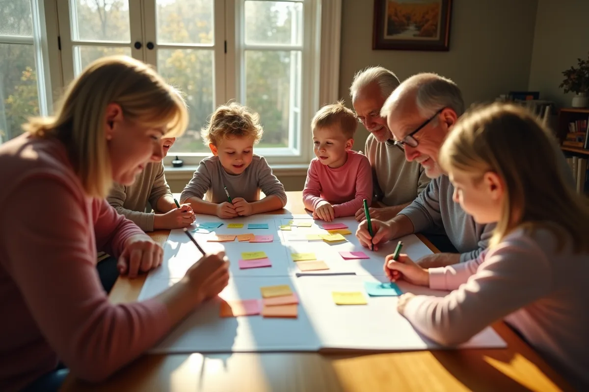 Famille multigenerational autour d'une table créant un planificateur