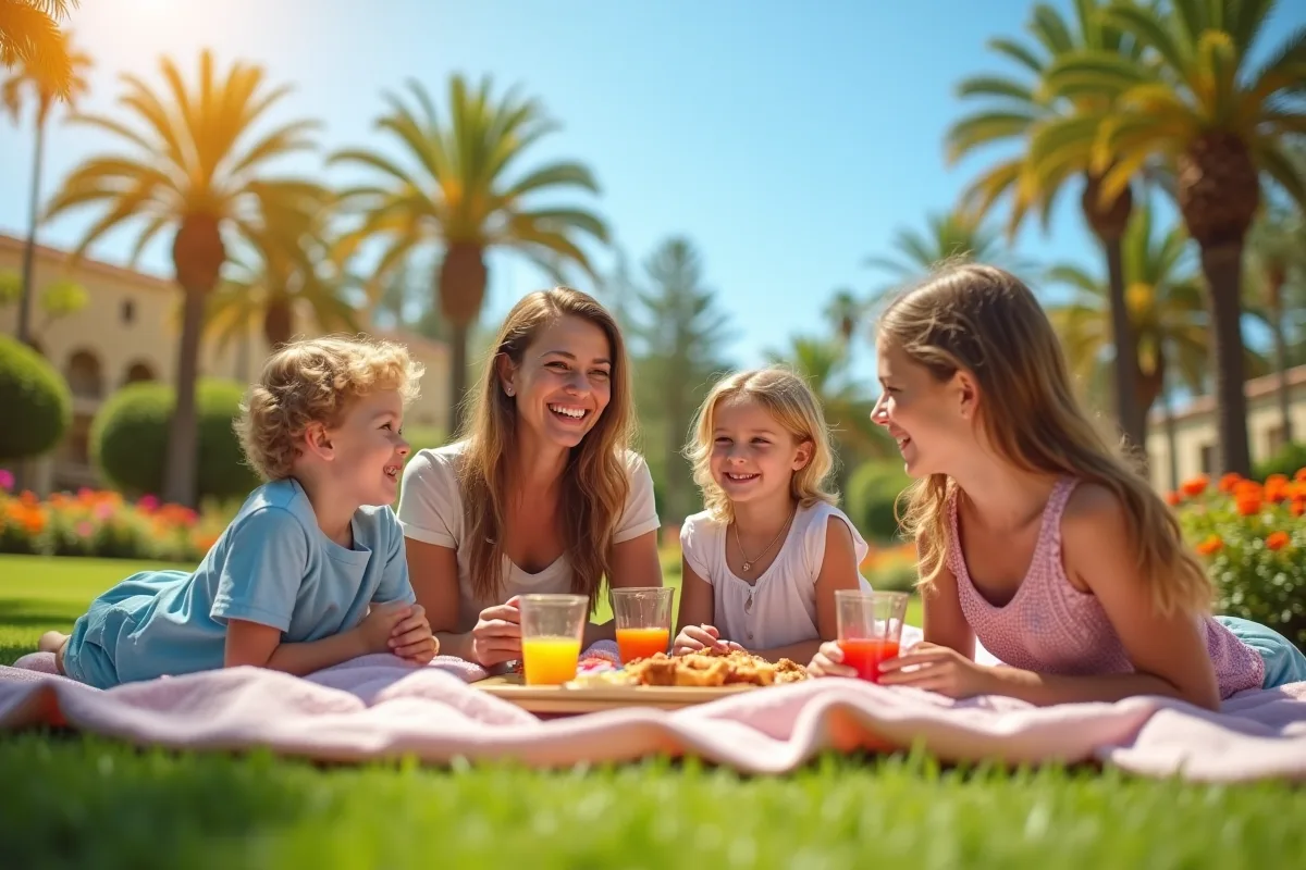 Famille heureuse pique-niquant dans un parc méditerranéen ensoleille