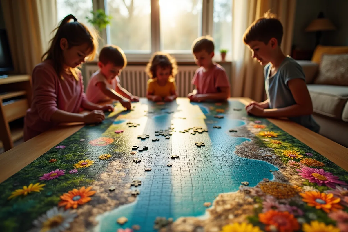 Famille assemble un puzzle paysage dans un salon lumineux