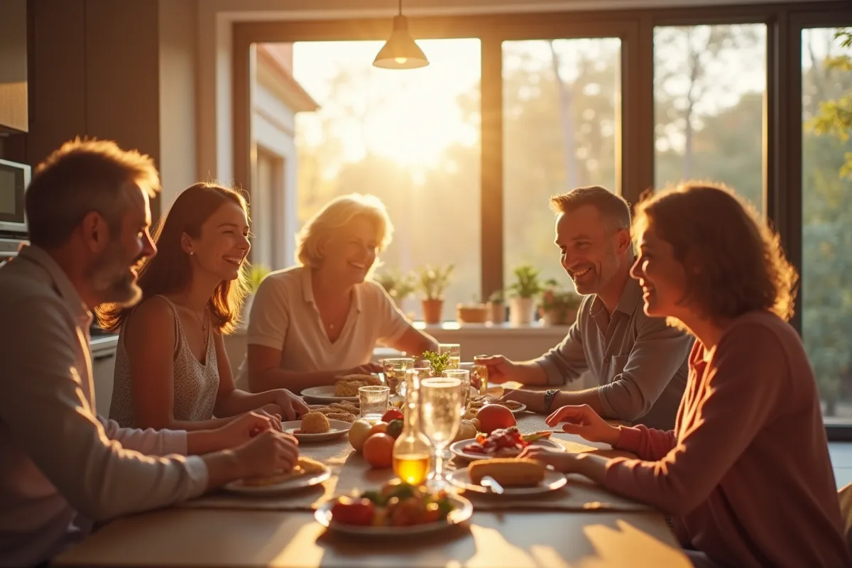 Famille multigenerational partageant un repas dans une cuisine lumineuse