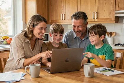 Famille réunie autour d'un ordinateur portable pour réserver des vacances dernière minute en 2026