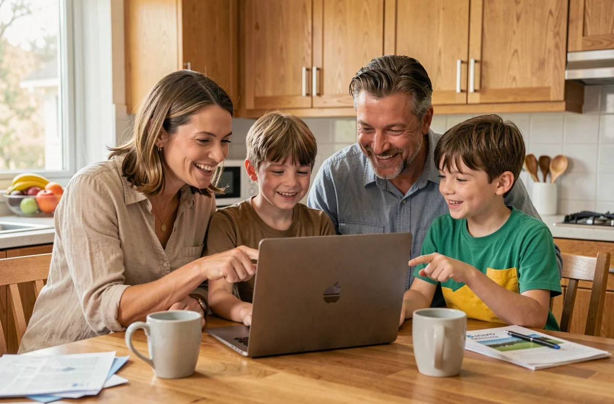 Famille réunie autour d'un ordinateur portable pour réserver des vacances dernière minute en 2026