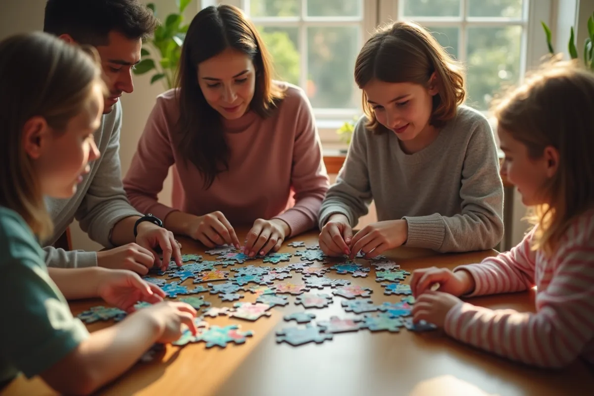 Famille choisissant un puzzle autour d'une table en lumière naturelle