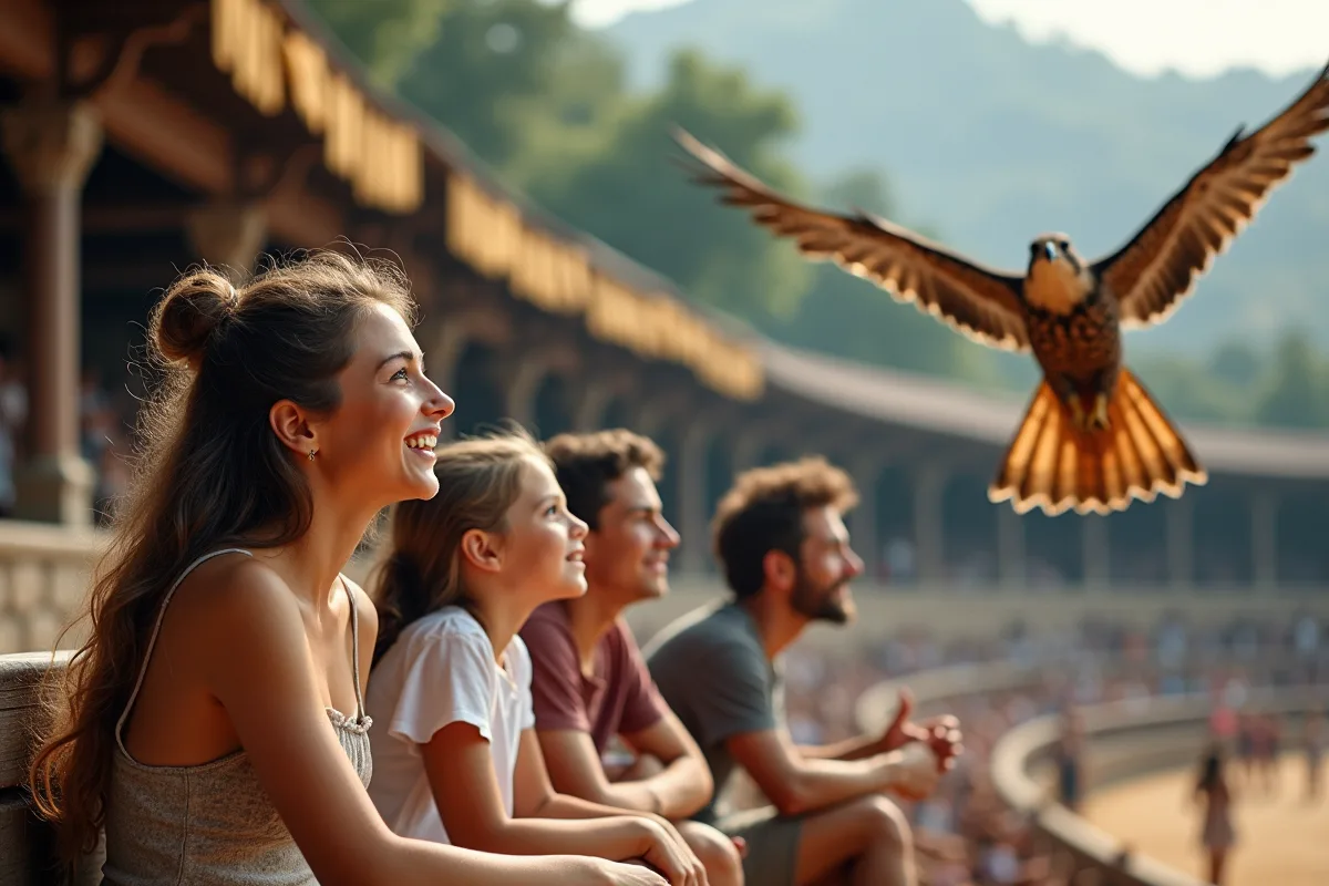 Famille regardant un spectacle de fauconnerie en extérieur