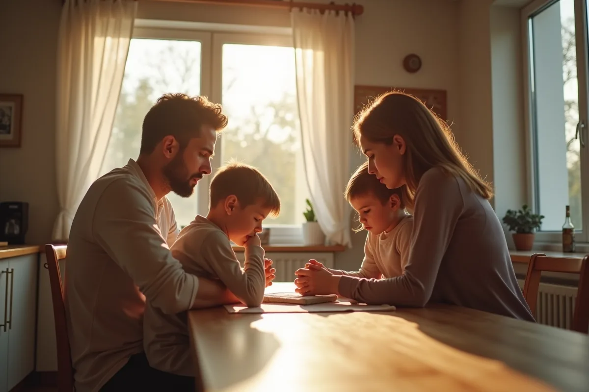 Famille assise à la table cuisine stressée et distante