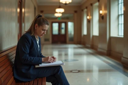 Femme d'affaires nervouse dans un couloir de tribunal