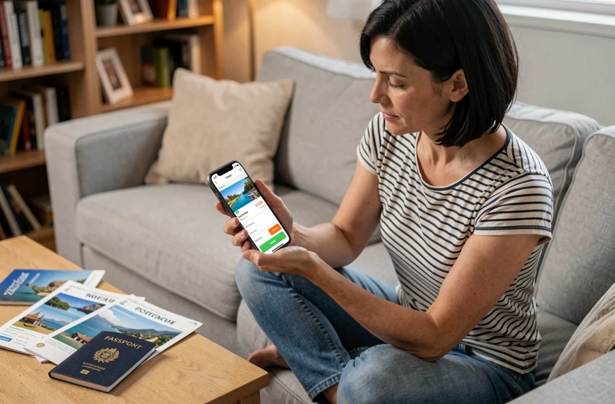 Femme consultant une application de réservation de voyages en famille sur smartphone depuis son canapé