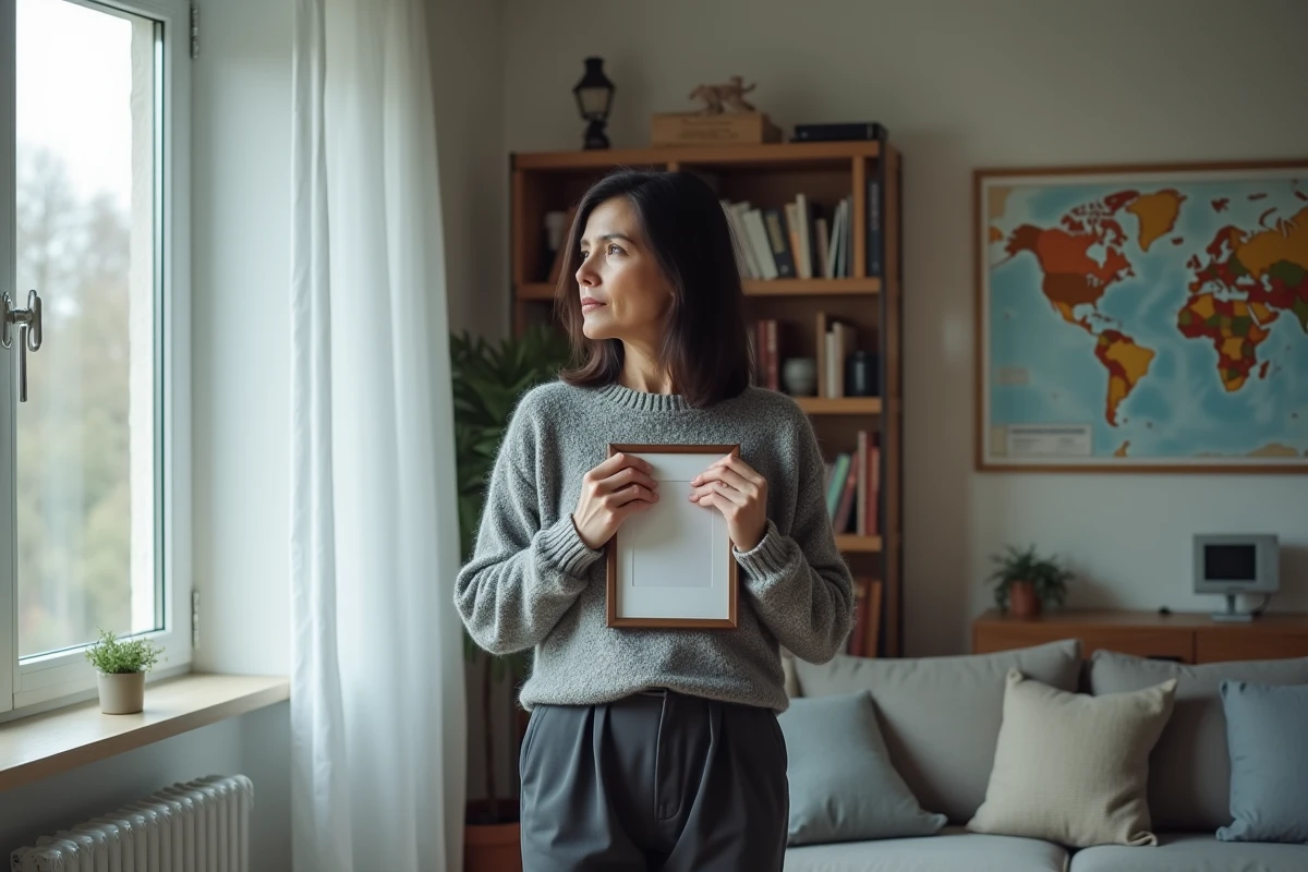 Femme tenant une photo de son compagnon absent, debout près d'une fenêtre dans un intérieur moderne, symbole de l'amour à distance dans un couple de médias