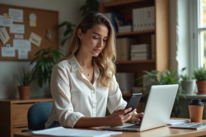 Jeune femme en bureau &agrave; domicile avec smartphone et ordinateur