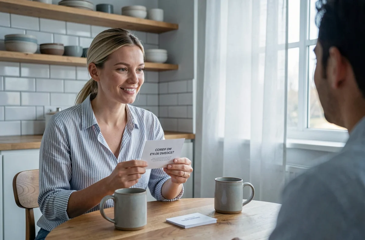 Femme tenant une carte de question souriante lors d'un jeu en couple autour d'un café