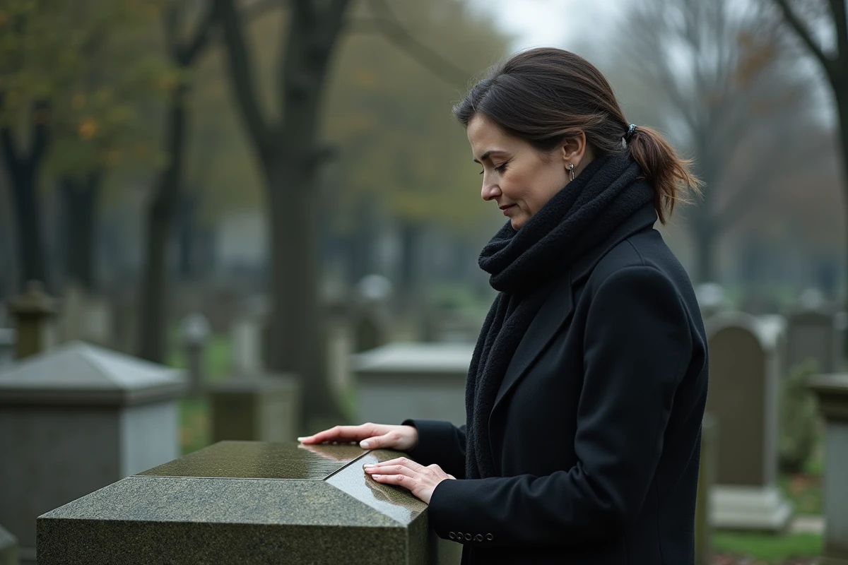 Femme en manteau noir dans un cimetière calme