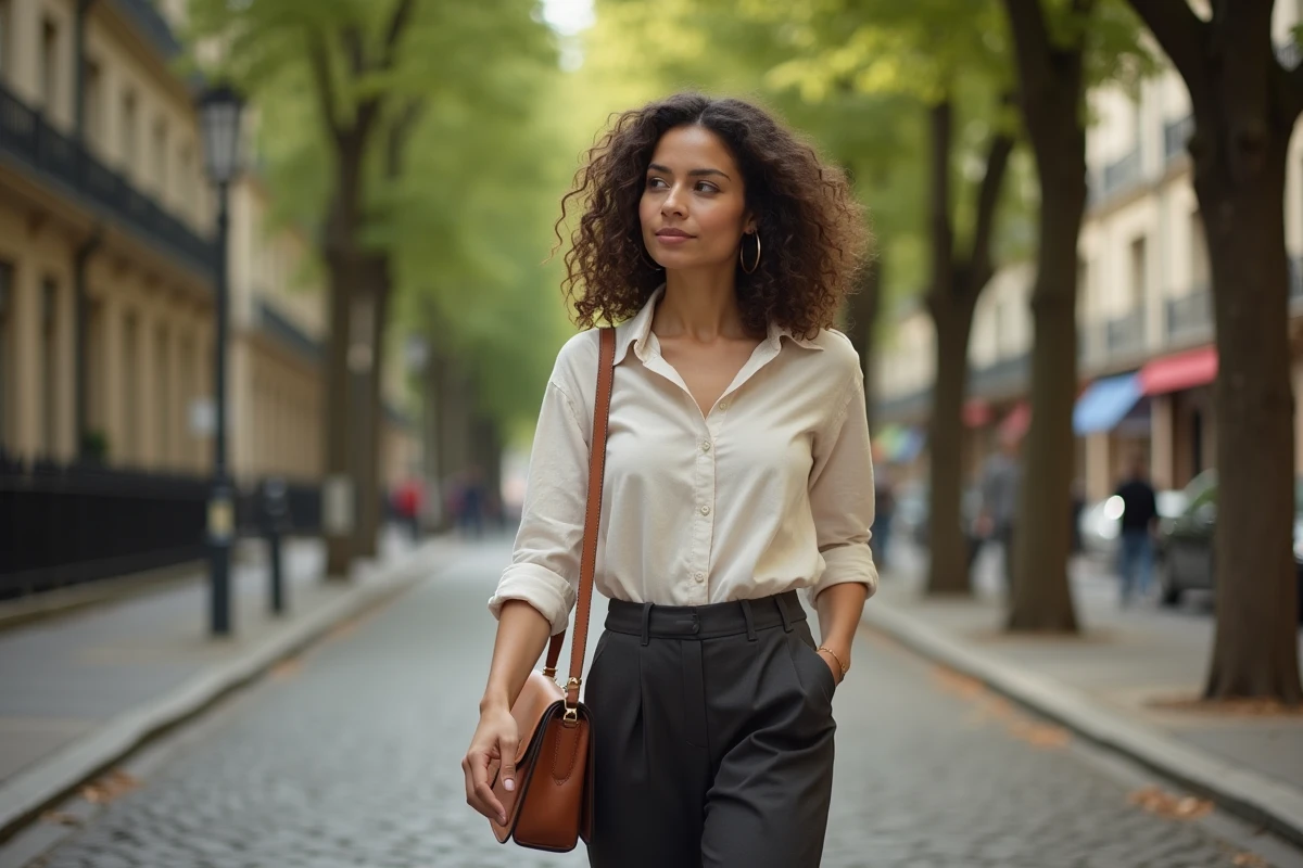 Femme élégante et discrète se promenant sur un boulevard parisien arboré