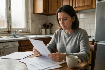 Femme consultant des documents officiels sur le RSA majoré dans une cuisine modeste