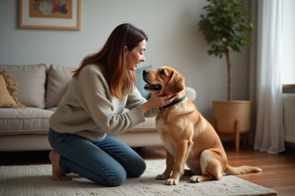 Femme assise avec un chien golden retriever dans un salon