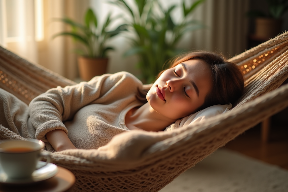 Femme endormie dans un hamac au matin calme