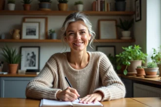 Femme écrivant dans un intérieur chaleureux et lumineux