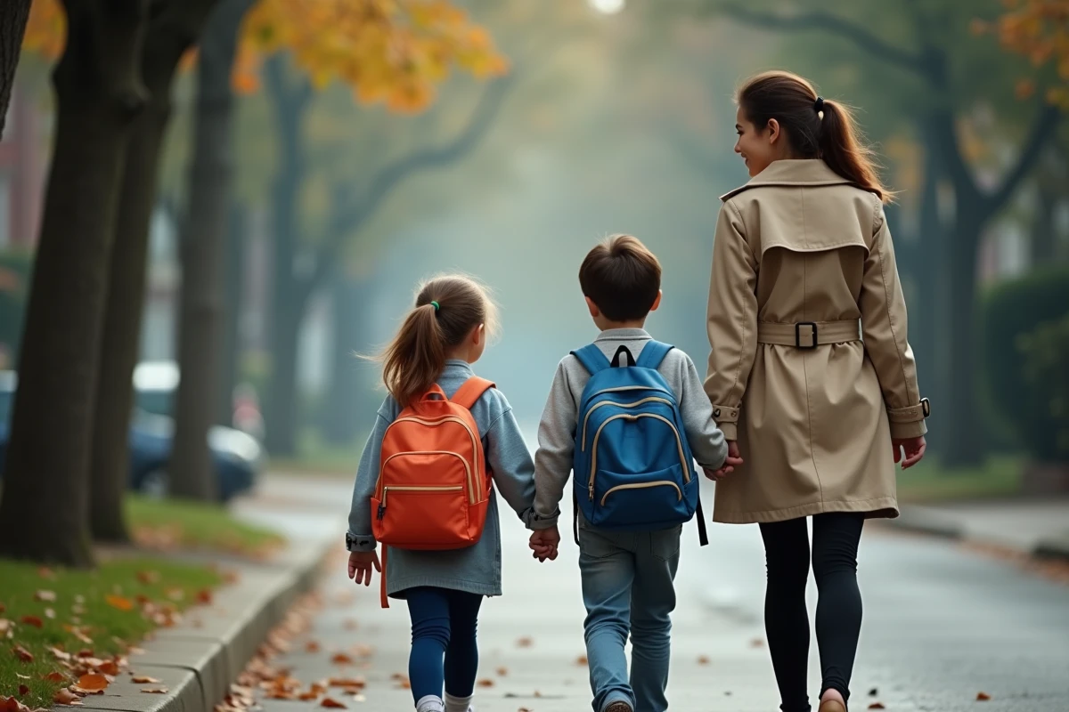 Femme en trench-coat marchant avec deux enfants en bas âge sur un trottoir résidentiel, illustration de la vie familiale et de la parentalité après une séparation