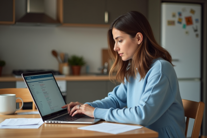 Femme concentrée remplissant un formulaire d'adresse en ligne à la maison
