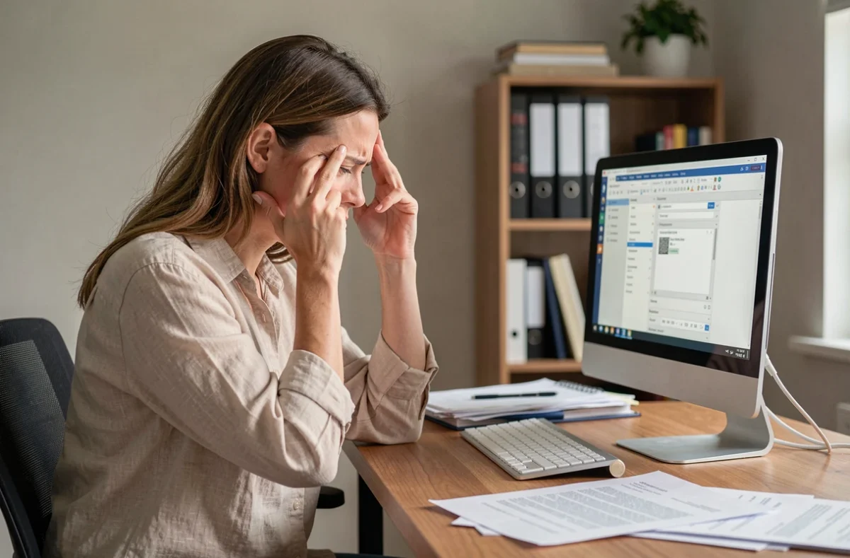 Femme frustrée devant son ordinateur en train de tenter de scanner un document en ligne, illustrant les erreurs courantes de débutants