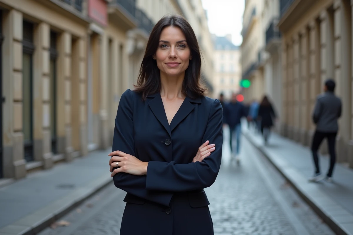 Femme indépendante et élégante dans une rue pavée parisienne, allure professionnelle et sereine