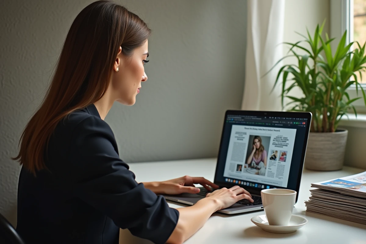 Femme utilisant un ordinateur pour lire un magazine numérique