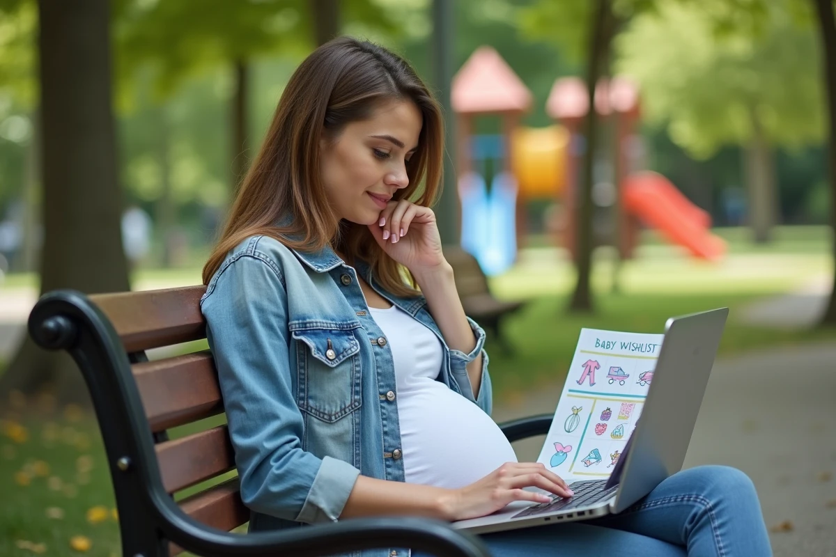 Femme regardant liste de bébé dans un parc calme