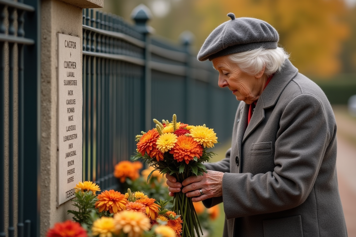 Femme âgée déposant des fleurs au monument en souvenir d