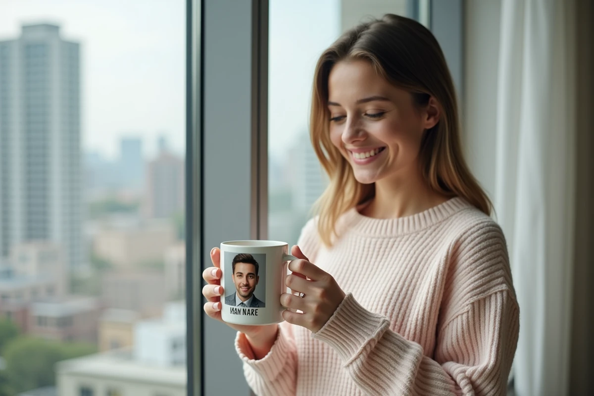 Femme tenant un mug personnalisé avec photo pour anniversaire, souriant en lisant le message imprimé dans un appartement moderne