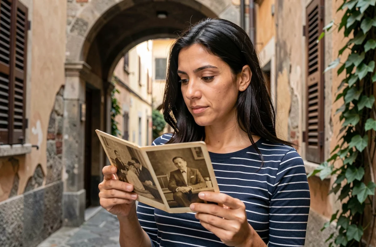 Femme d'origine méditerranéenne tenant une vieille photo de famille devant une ruelle italienne en pierre, symbole de la quête de ses racines italiennes