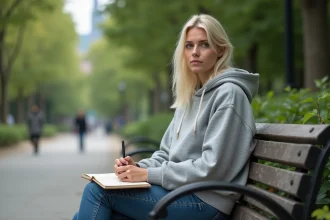 Femme assise dans un parc urbain avec un carnet