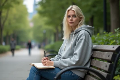 Femme assise dans un parc urbain avec un carnet
