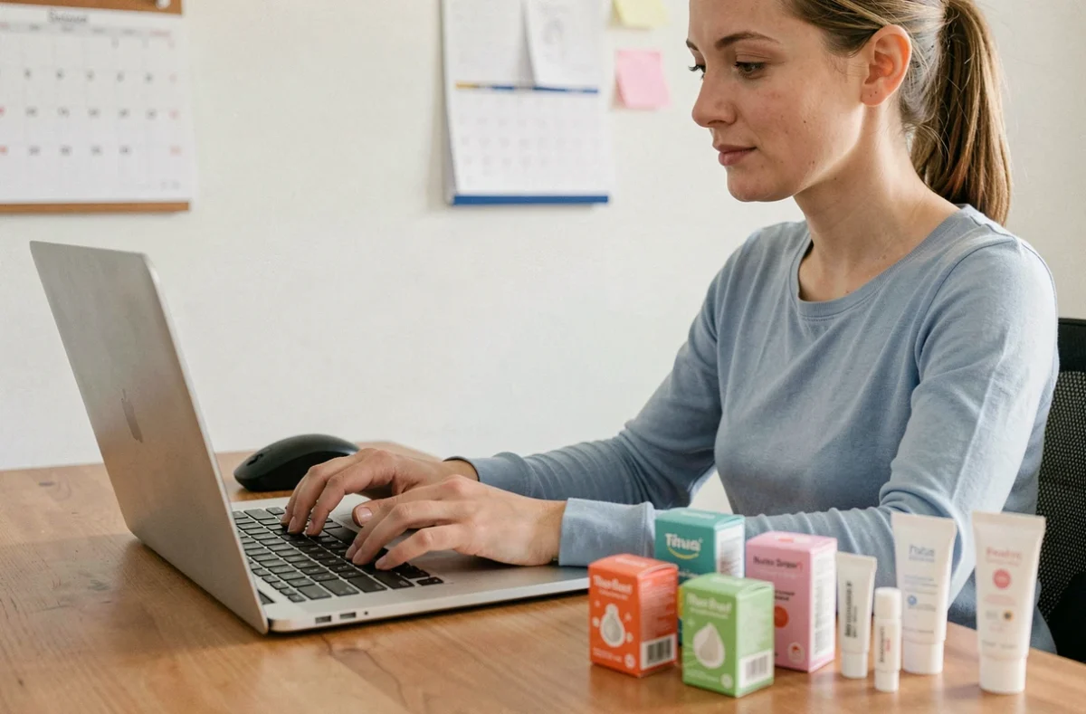 Femme recherchant des offres d'échantillons gratuits pour bébé sur son ordinateur portable avec des produits miniatures sur le bureau