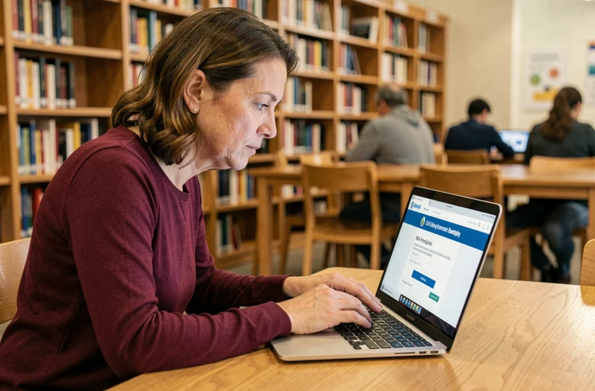 Femme recherchant des informations sur le RSA majoré sur un ordinateur portable à la bibliothèque