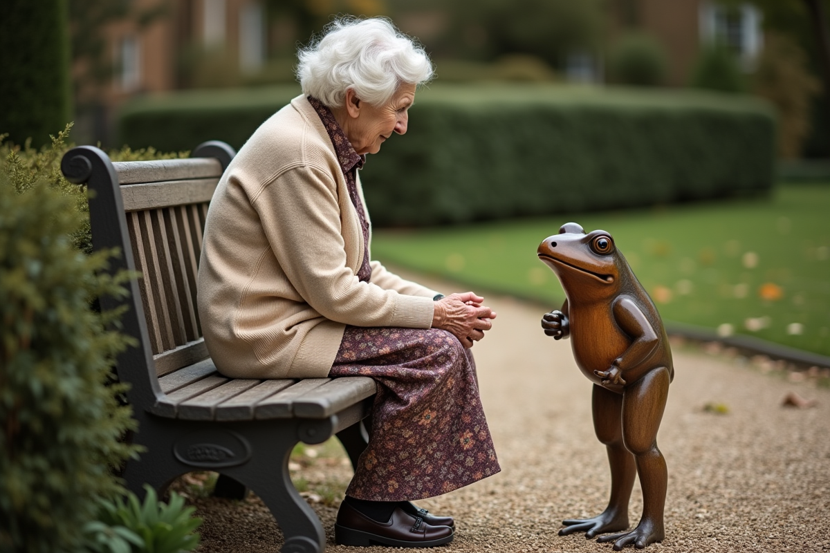 Femme âgée observe une sculpture en bois d