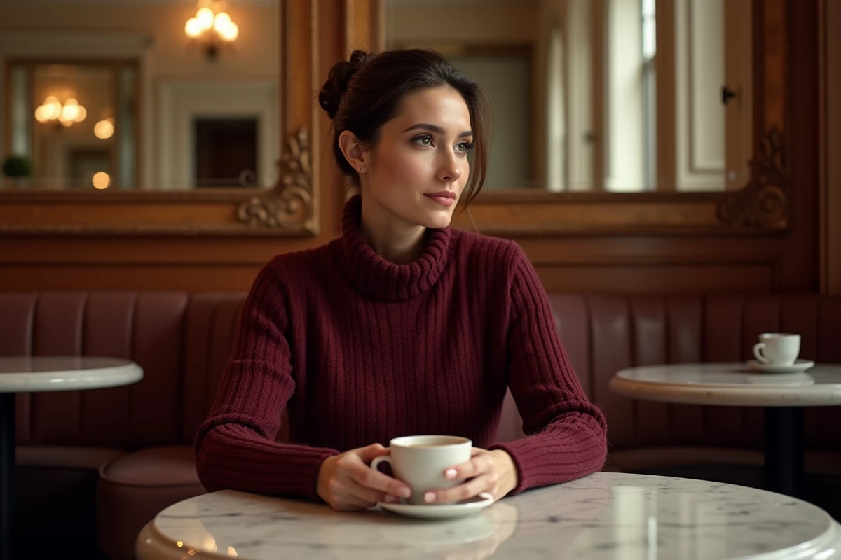 Femme seule songeuse dans une brasserie parisienne chic, chaise vide en face d'elle, atmosphère intimiste