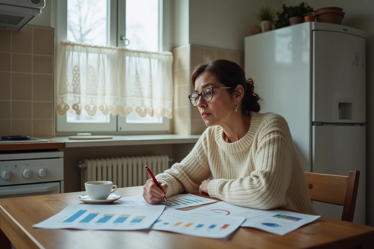 Femme d'âge moyen seule dans une cuisine de province française consultant des statistiques démographiques sur le divorce en France