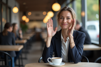 Femme en tenue professionnelle faisant un signe non dans un café