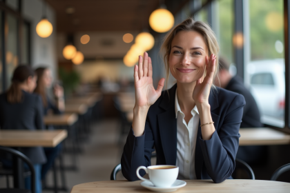 Femme en tenue professionnelle faisant un signe non dans un caf&eacute;