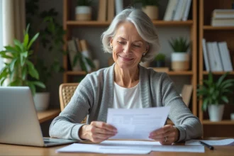 Femme adulte consultant un document de tutelle à son bureau avec un ordinateur affichant un portail de gestion de compte