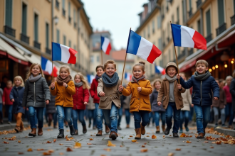 Groupe de Français en parade avec drapeaux lors d'une fête d'automne
