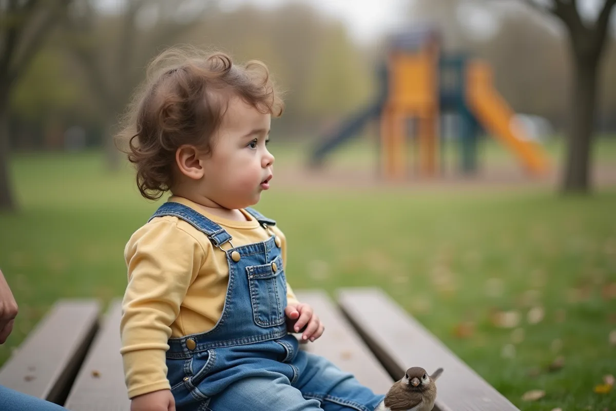 Fille de 16 mois regarde un oiseau dans un parc