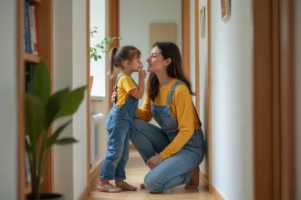 Jeune fille en salopette et t-shirt jaune dans un couloir familial